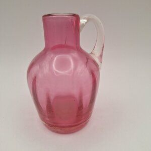 VICTORIAN HANDBLOWN CRANBERRY GLASS VASE WITH APPLIED CRYSTAL HANDLE 4" VTG.